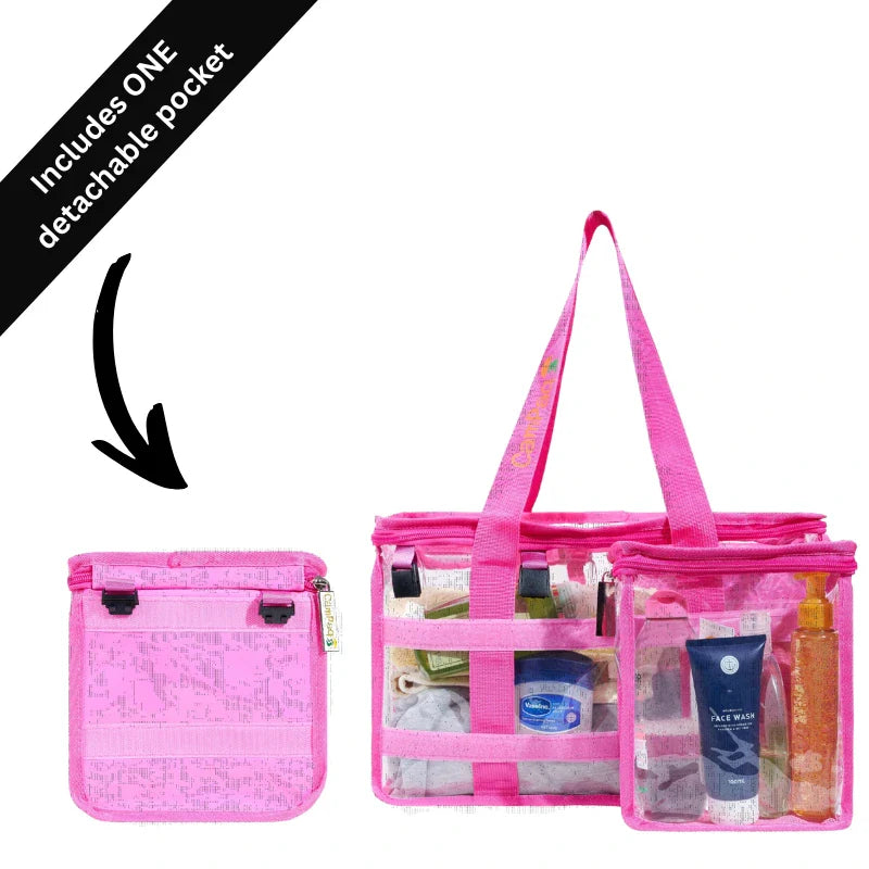 Pink Campaq clear toiletry storage bag with one detachable pocket and arrow label — Adventure Awaits