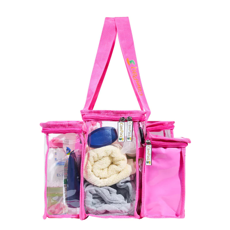 Pink Campaq clear toiletry storage bag packed with towels, bottles and detachable side pocket — Adventure Awaits
