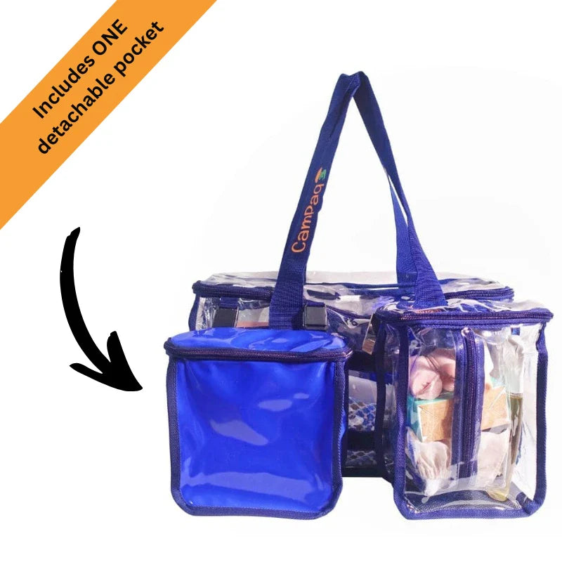 Blue Campaq clear toiletry storage bag with one detachable pocket and arrow label — Adventure Awaits