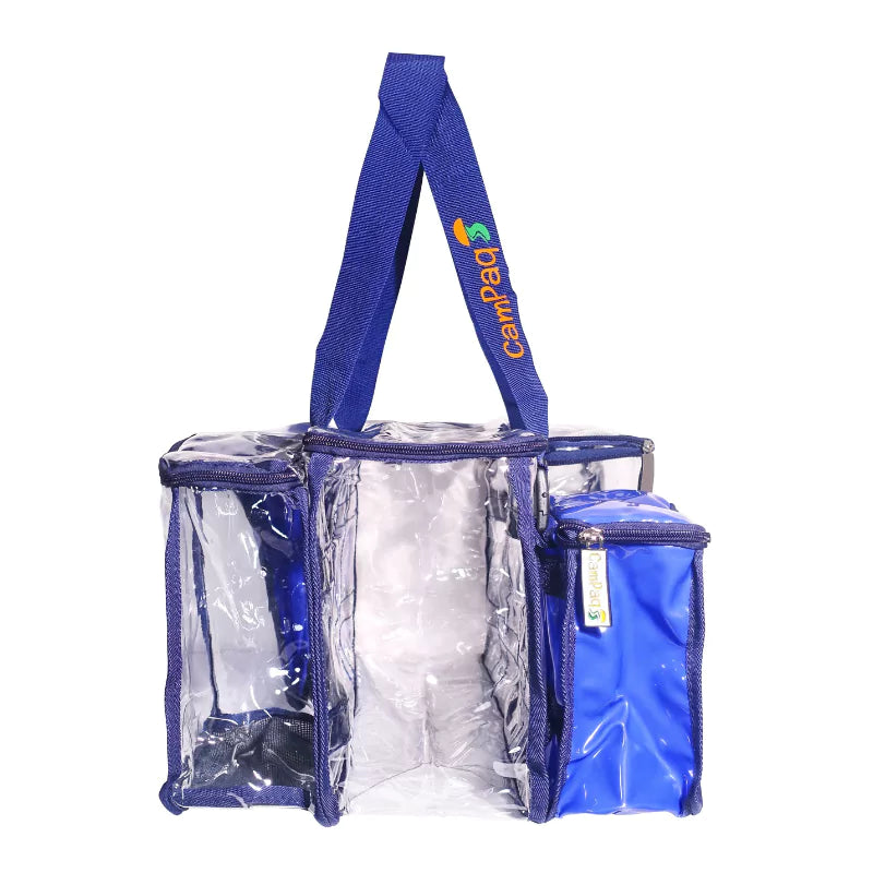 Blue Campaq clear toiletry storage bag with side pocket and branded carry handles — Adventure Awaits