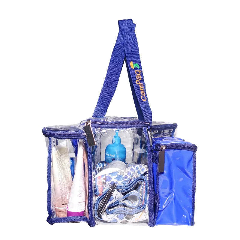 Blue Campaq clear toiletry storage bag packed with bottles and detachable side pocket — Adventure Awaits