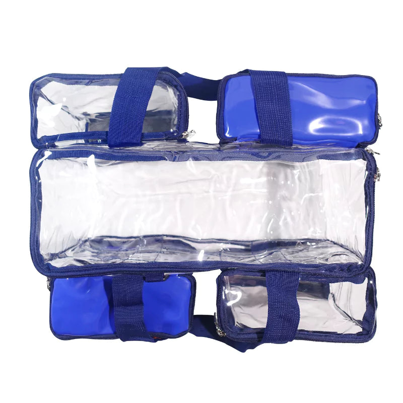 Blue Campaq clear toiletry storage bag opened flat with empty zipped pockets — Adventure Awaits