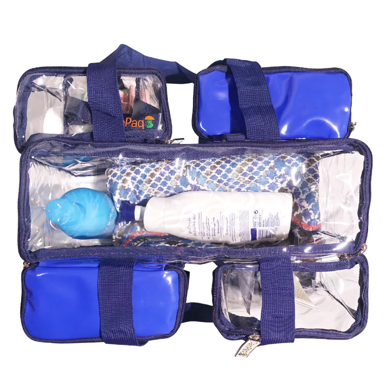 Blue Campaq clear toiletry storage bag opened flat with bottles and detachable pockets — Adventure Awaits