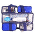 Blue Campaq clear toiletry storage bag opened flat with bottles and detachable pockets — Adventure Awaits