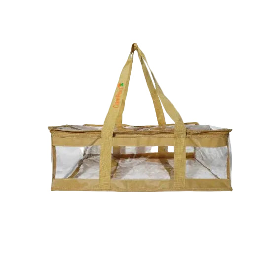 Tan clear zippered storage bag shown from front and open side, with long carry handles - Adventure Awaits