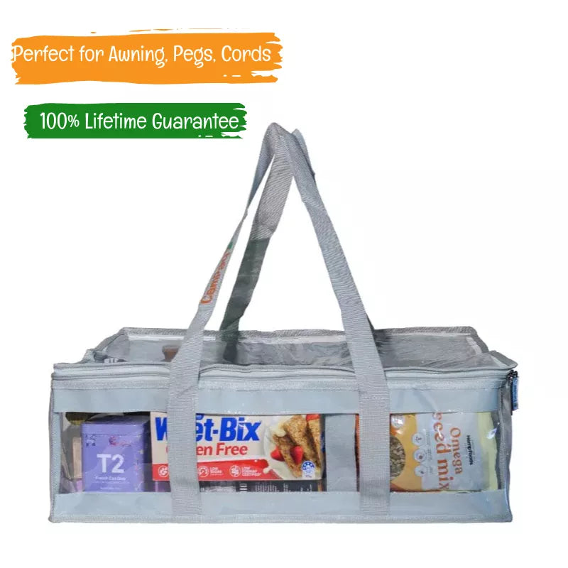 Campaq clear grey storage bag packed with pantry items  — Adventure Awaits