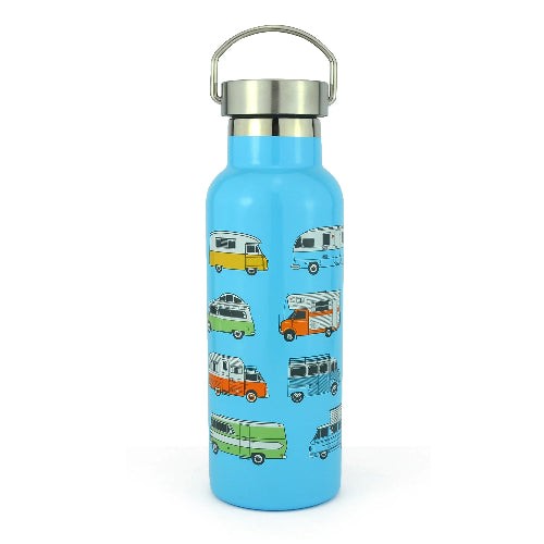 Blue water bottle with camper van pattern on a white background