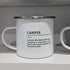"Camper" definition enamel mug on display shelf — funny camping gift for caravanners and outdoor lovers — Adventure Awaits