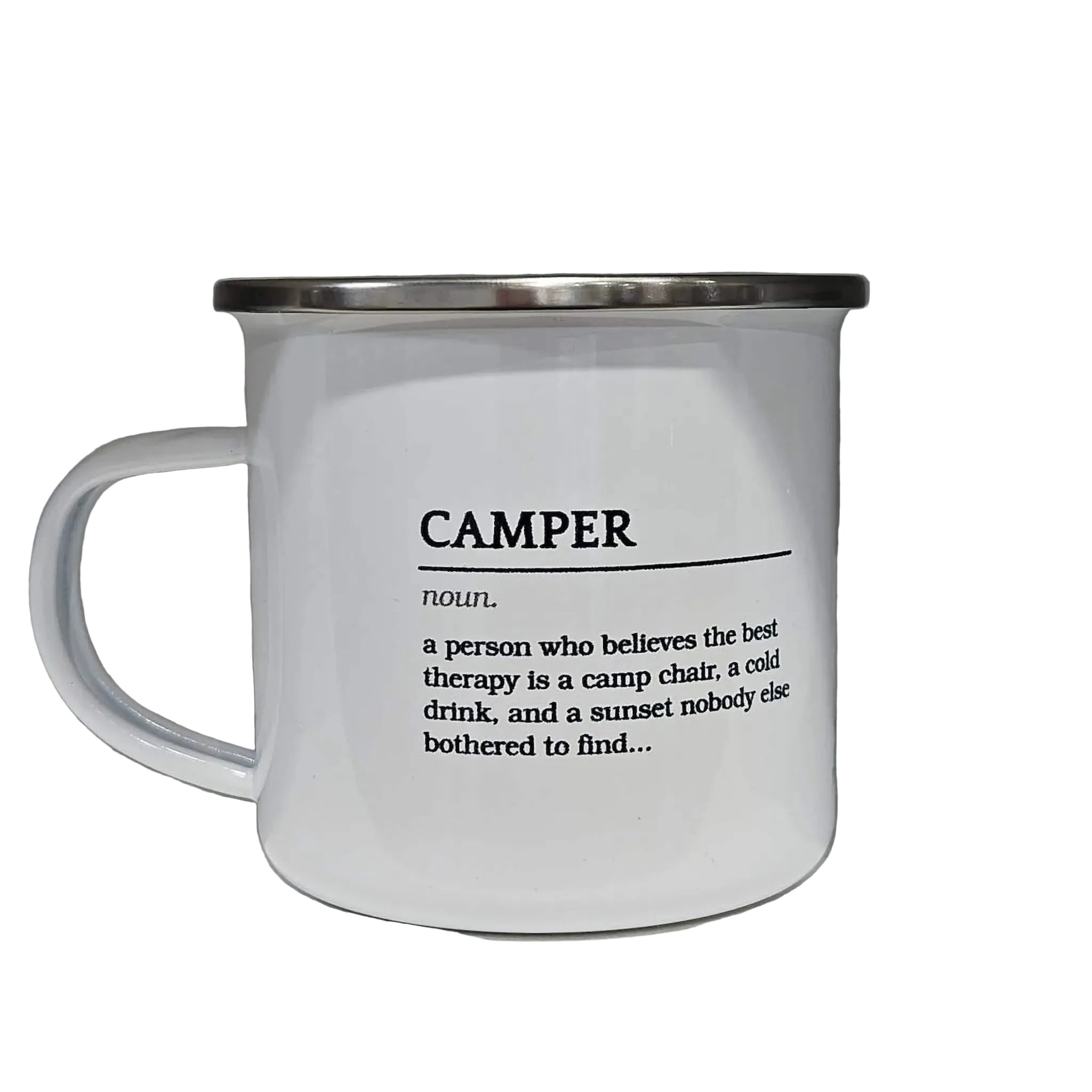 "Camper" definition enamel camping mug with stainless steel rim — a perfect gift for campers and caravanners — Adventure Awaits