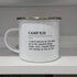 White mug with 'CAMP KID' definition text on a white shelf