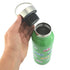 Green insulated bottle with colorful illustrations held by a hand against a white background