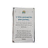 A printed card or note inside a clear plastic sleeve, with a white rounded rectangle front and blue text reading 'A little caravan for your journey.