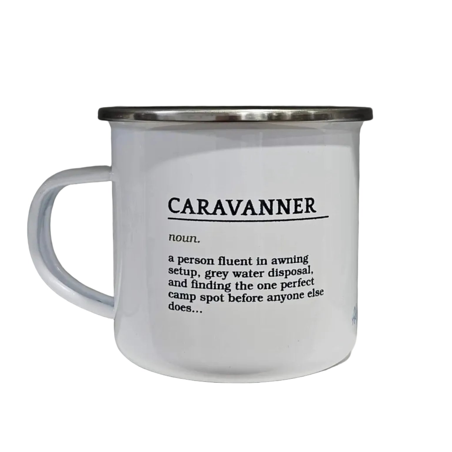 "Caravanner" definition enamel mug on shelf — funny caravanning gift for grey nomads and road trippers — Adventure Awaits