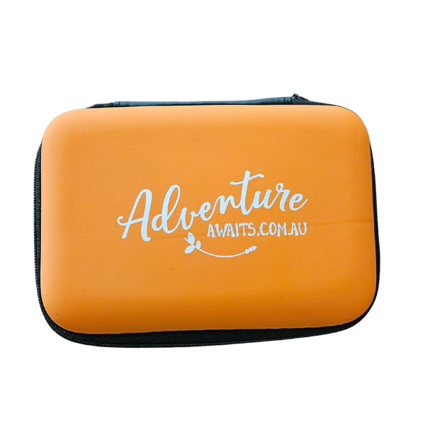 Orange playing card case fits 4 decks with 'Adventure Awaits.com.au' text on a white background