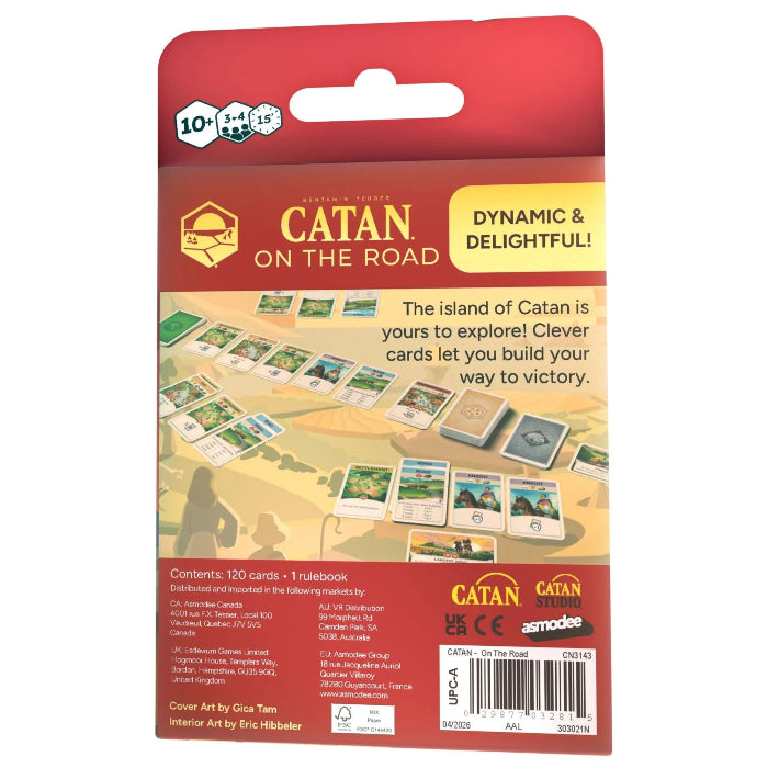 Back of CATAN On the Road card game box with gameplay layout, contents and age 10+ details, Adventure Awaits