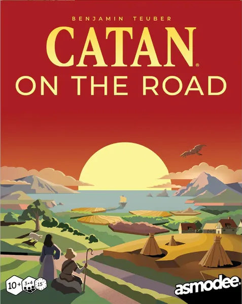 CATAN On the Road card game box with illustrated sunset landscape for ages 10 plus, Adventure Awaits