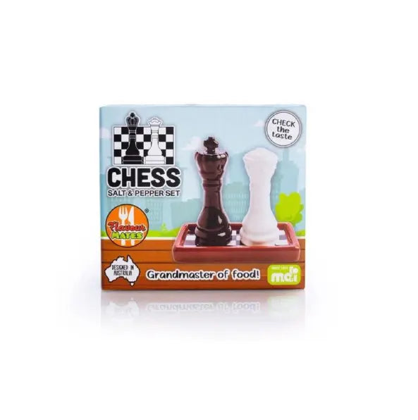 Chess salt and pepper set in blue gift box with black and white pieces — Adventure Awaits