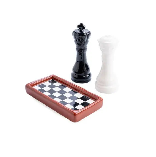 Chess salt and pepper shakers with checkerboard serving tray — Adventure Awaits