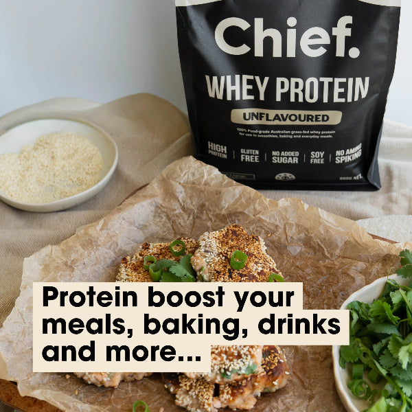 Chief whey protein powder unflavoured on a bench with food