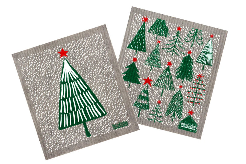 Two decorative napkins with Christmas tree patterns on a white background