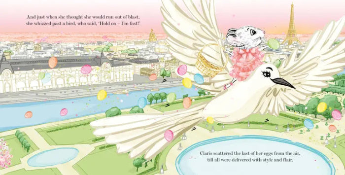 Claris riding a white bird above Paris with colourful Easter eggs floating below — Adventure Awaits