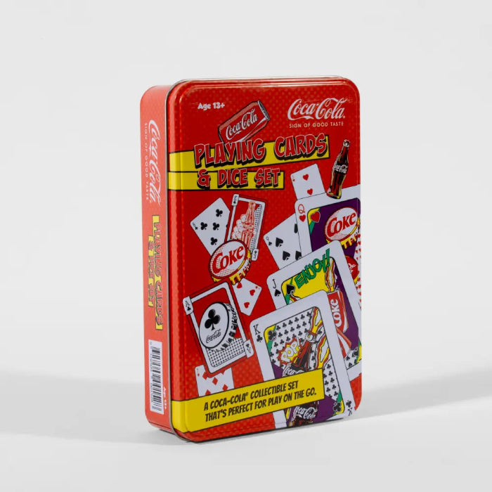 Coca-Cola playing cards and dice set in red collectible tin — Adventure Awaits