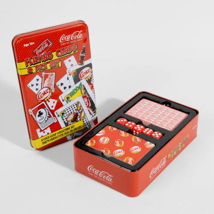 Coca-Cola playing cards and dice set open in red collectible tin — Adventure Awaits