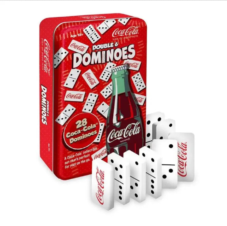 Coca-Cola Double 6 dominoes game in red tin with white domino pieces — Adventure Awaits