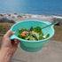 Person holding a teal salad bowl with a salad against a beach background