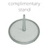 Clear glass cake stand with a handle on a white background, labeled 'complimentary stand'.