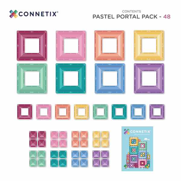 Connetix pastel portal pack contents showing 48 magnetic tiles in assorted colours and sizes, creative construction set for imaginative play at home or travel Adventure Awaits