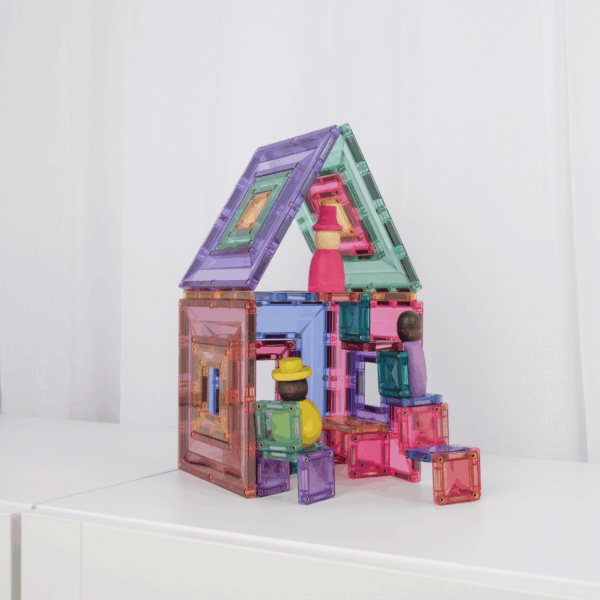 Connetix magnetic tiles built into colourful house with figures, creative construction toy for imaginative play and learning at home or travel Adventure Awaits