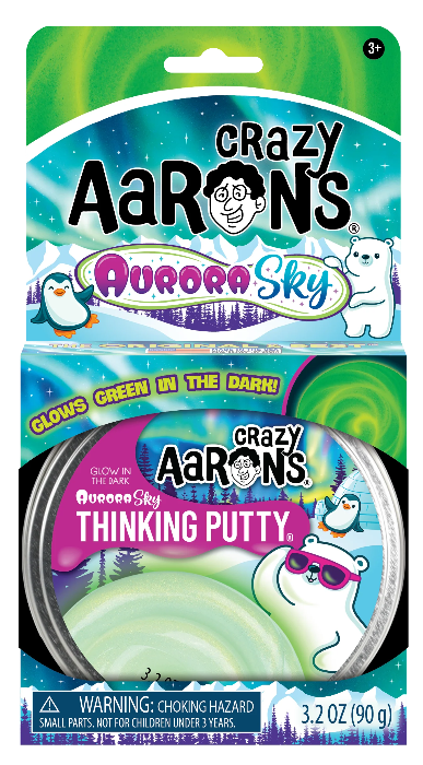 Crazy Aaron’s Aurora Sky Thinking Putty with glow in the dark green putty and northern lights themed packaging
