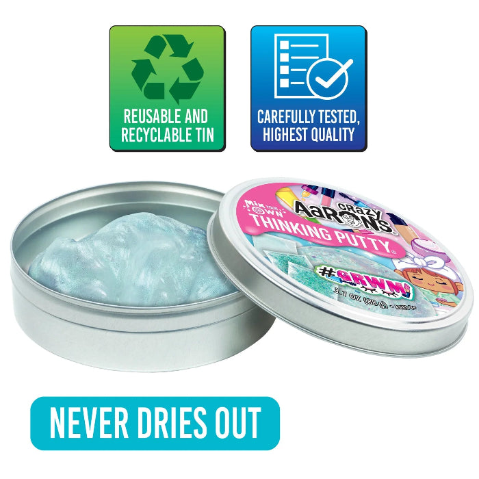 Crazy Aaron’s #GRWM Thinking Putty in reusable tin with soft blue clear putty and never dries out feature icons