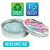 Crazy Aaron’s #GRWM Thinking Putty in reusable tin with soft blue clear putty and never dries out feature icons