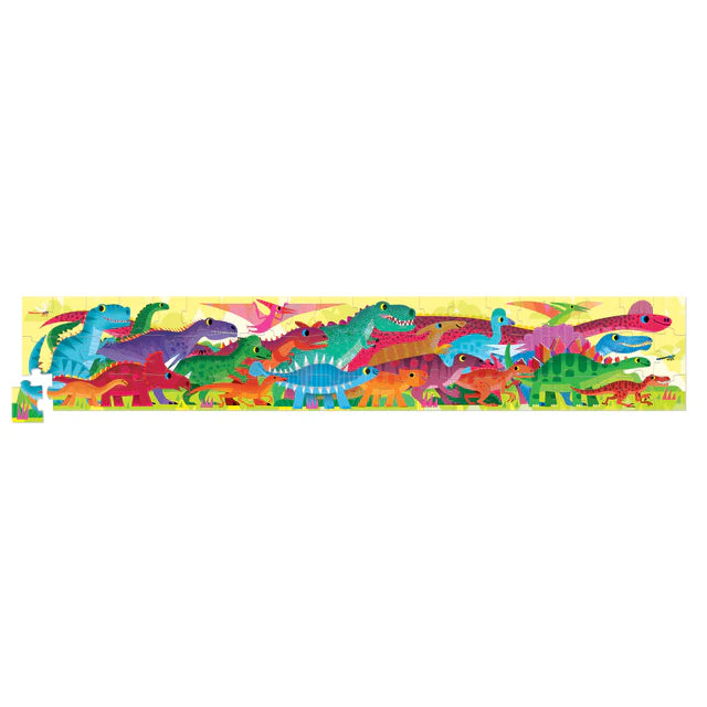 Completed long dinosaur puzzle with colourful prehistoric scene, 6 foot kids floor puzzle for playtime or travel Adventure Awaits
