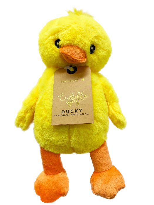 bright yellow duck plush toy with orange beak and feet, featuring a soft cuddly heat and cool pack companion design