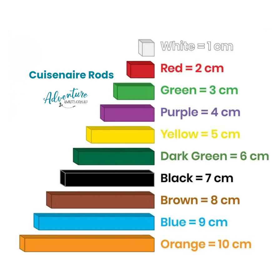 Cuisenaire Rods color chart with dimensions on a white background