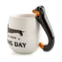 White mug with black 3D dachshund handle and long day slogan — Adventure Awaits