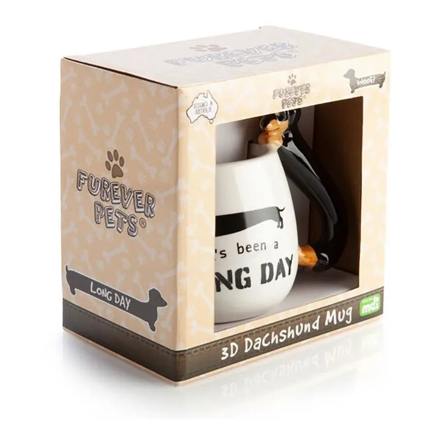 3D dachshund mug in gift box with long day slogan and dog handle — Adventure Awaits