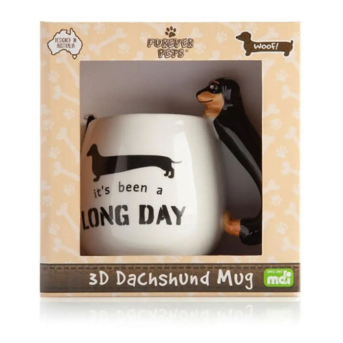 3D dachshund mug in Forever Pets gift box with long day slogan — Adventure Awaits
