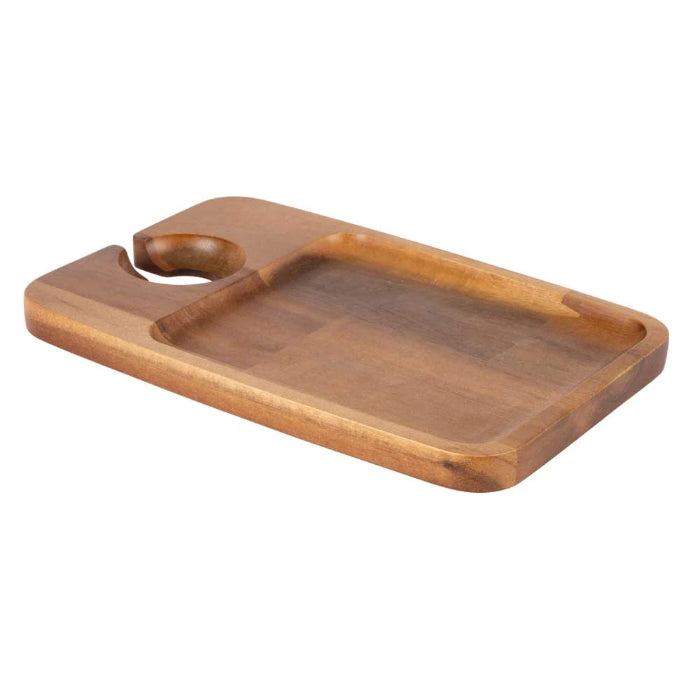 Wooden serving tray with raised edge and built-in wine glass holder — Adventure Awaits