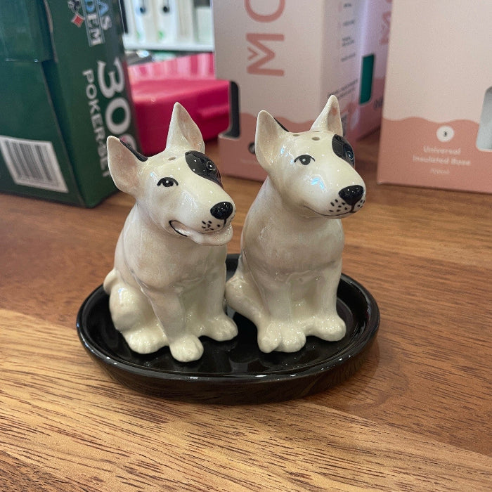 Ceramic bull terrier salt and pepper shakers