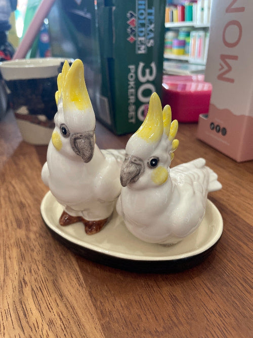 Porcelain cockatoo salt and pepper shakers