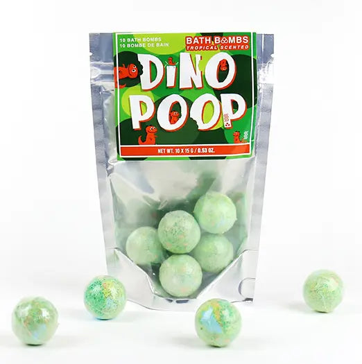 Dino Poop tropical scented bath bombs in resealable pouch with green bath bombs — Adventure Awaits