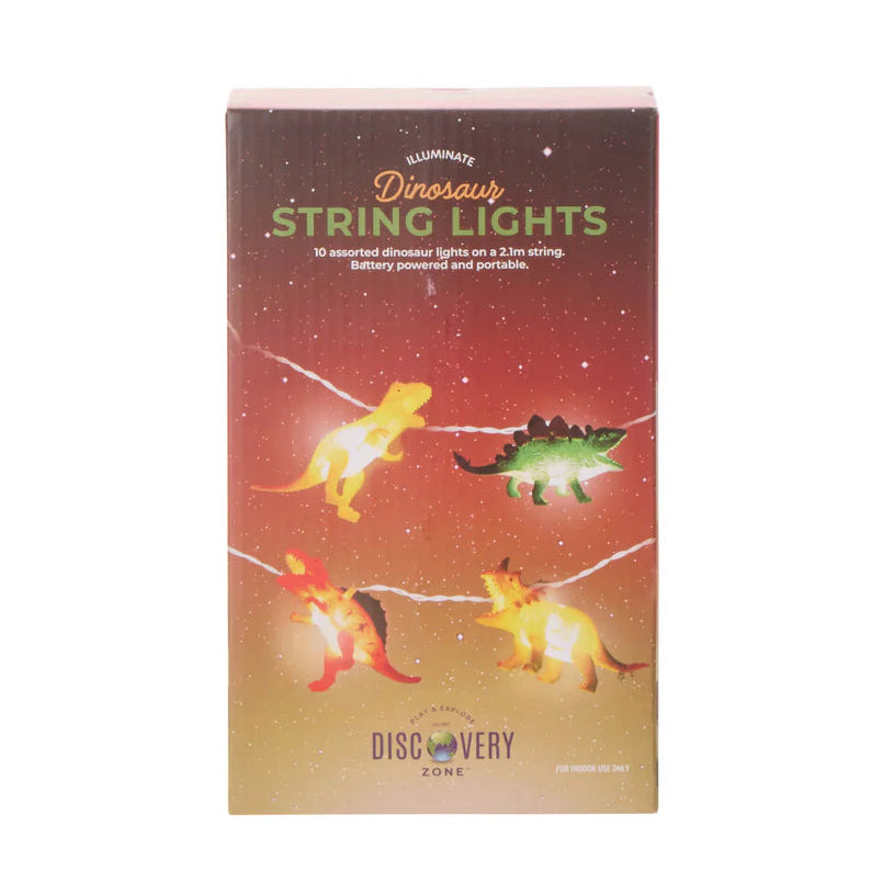 Box of dinosaur string lights with colorful designs on a white background