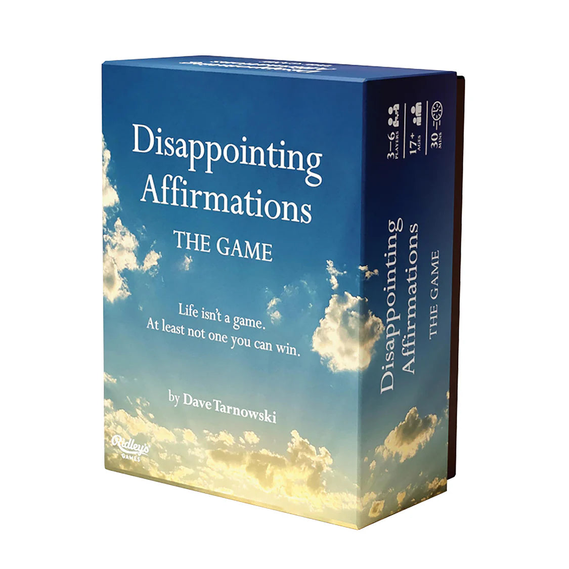 Board game box titled 'Disappointing Affirmations' with a blue sky and cloud design.