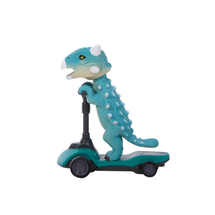 teal anklyosaurus on teal scooter against white background