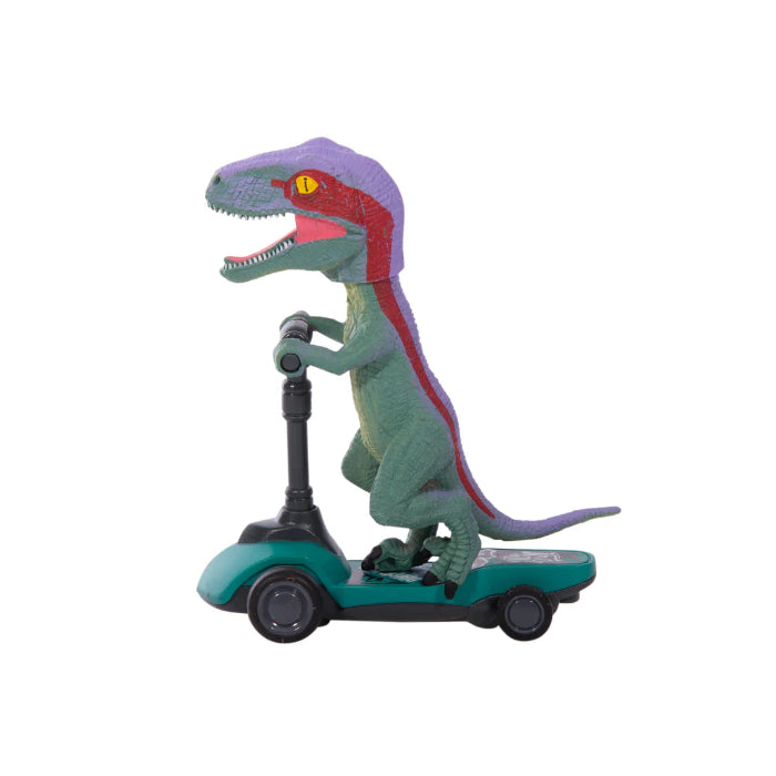 green and purple raptor on teal scooter against white background