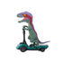 green and purple raptor on teal scooter against white background